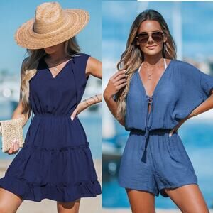 NWT Cupshe Beach Tassel Tie Romper  & Ruffled  Tiered Cover up Dress Bundle Sz S